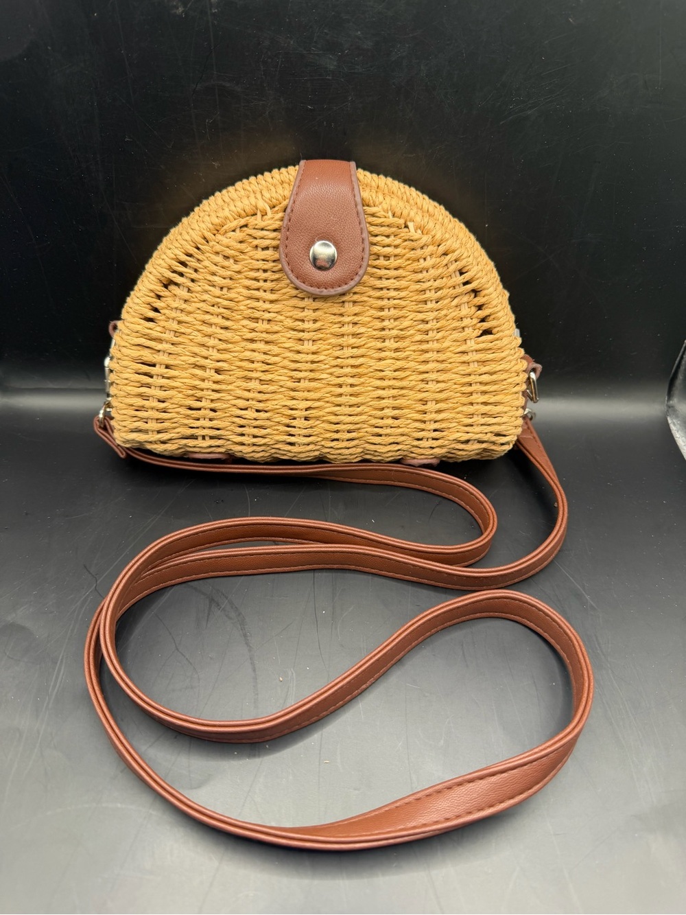 White House Black Market Woven Straw Crossbody Half Moon Bag